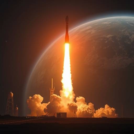 Immagine di un razzo che decolla nello spazio con la Terra sullo sfondo