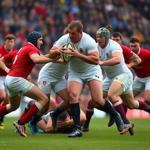 Immagine di una partita di rugby del Sei Nazioni con giocatori che si contendono la palla