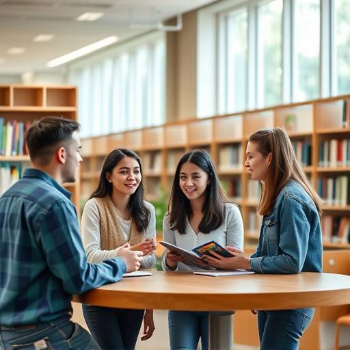 Un gruppo di studenti universitari che discutono in una biblioteca