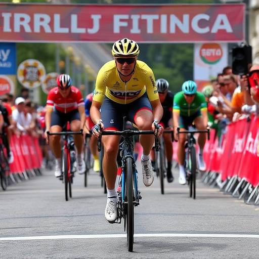 Un'immagine di un ciclista italiano che taglia il traguardo in una tappa del Giro d'Italia