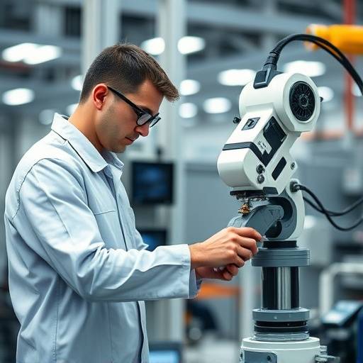 Un ingegnere che lavora su un robot industriale in una fabbrica