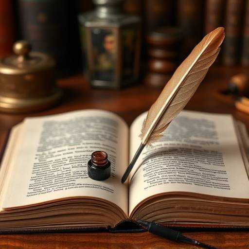 Un libro aperto con una piuma d'oca e un calamaio accanto.