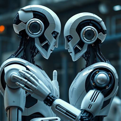 Un robot umanoide che interagisce con una persona in un ambiente futuristico