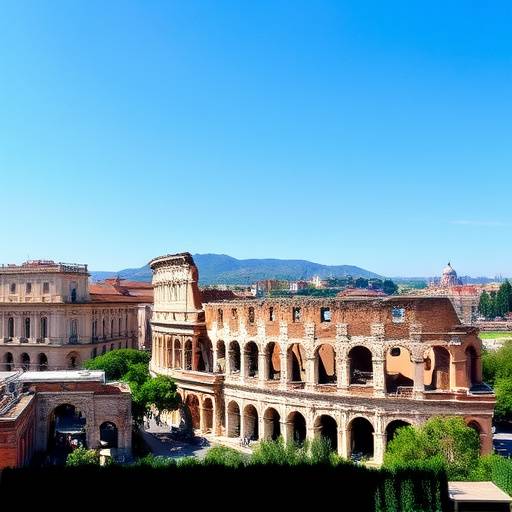 Veduta panoramica di Roma con il Colosseo in primo piano e il cielo azzurro sullo sfondo
