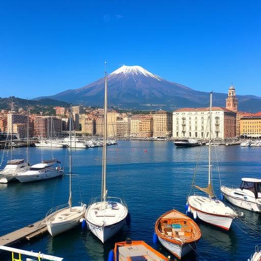 Vista del porto di Napoli con il Vesuvio sullo sfondo